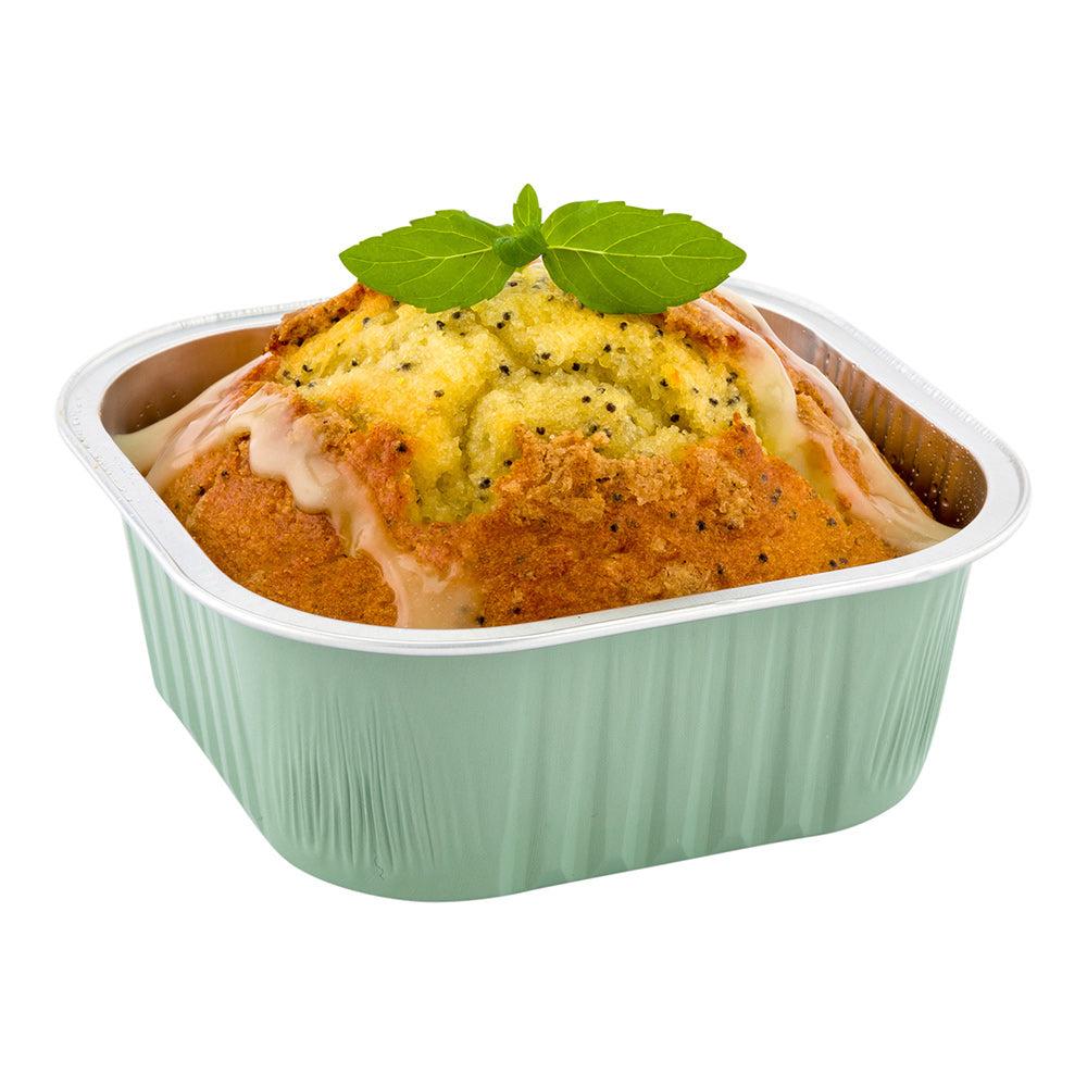 restaurantware Foil Lux 10 oz Square Pistachio Green Aluminum Baking Cup - 4 1/4" x 4 1/4" x 1 1/2" - 100 count box