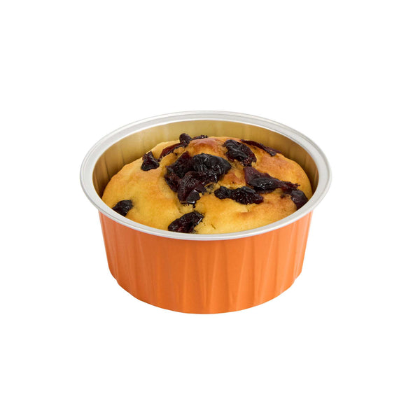 Restaurantware Foil Lux 4 Oz Round Orange Aluminum Baking Cup - Lids Available - 3 1/4" X 3 1/4" X 1 1/2" - 100 Count Box