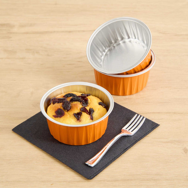 Restaurantware Foil Lux 4 Oz Round Orange Aluminum Baking Cup - Lids Available - 3 1/4" X 3 1/4" X 1 1/2" - 100 Count Box