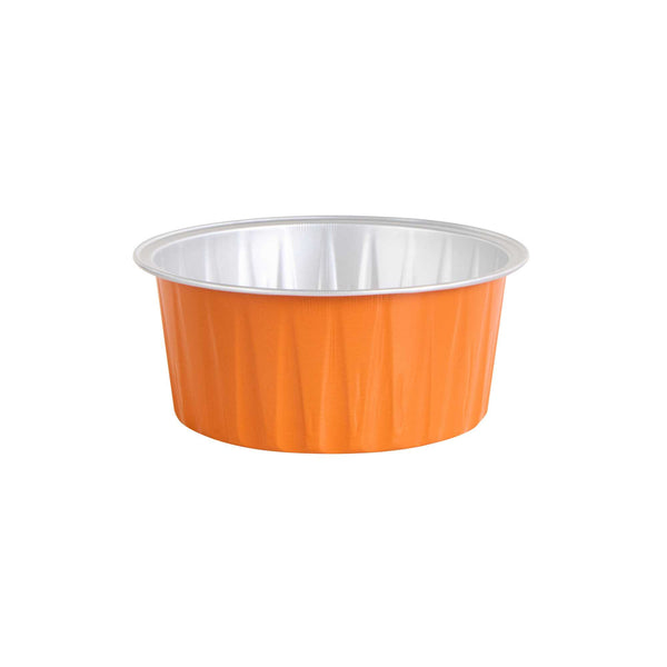 Restaurantware Foil Lux 4 Oz Round Orange Aluminum Baking Cup - Lids Available - 3 1/4" X 3 1/4" X 1 1/2" - 100 Count Box