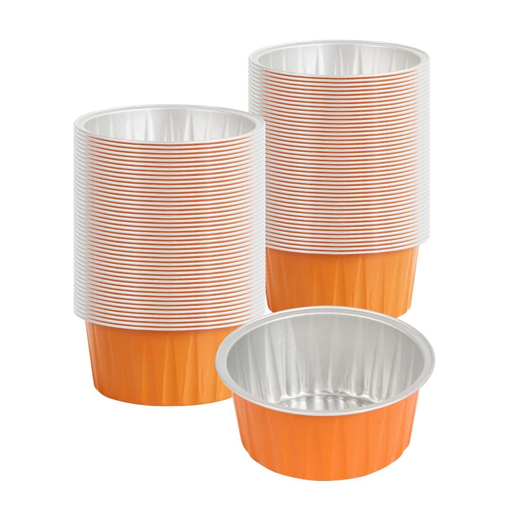restaurantware Foil Lux 4 oz Round Orange Aluminum Baking Cup - Lids Available - 3 1/4" x 3 1/4" x 1 1/2" - 100 count box