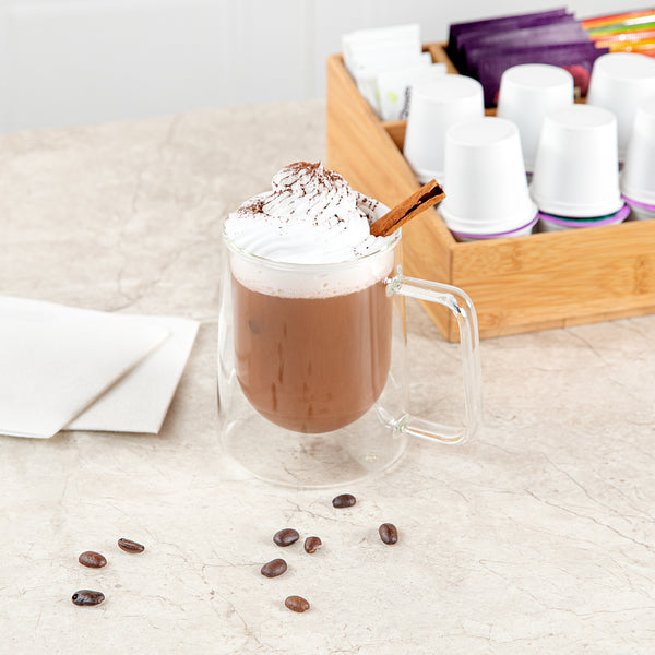 Restaurantware Forma Professional 10 Oz Glass Coffee Mug - Double Wall Borosilicate With Handle - 3'' X 3'' X 4 1/4'' - 12 Count Box