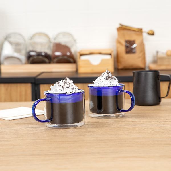 Restaurantware Forma Professional 11 Oz Blue Glass Coffee Mug - Double Wall Borosilicate With Handle - 3 1/2" X 3 1/2" X 3" - 12 Count Box