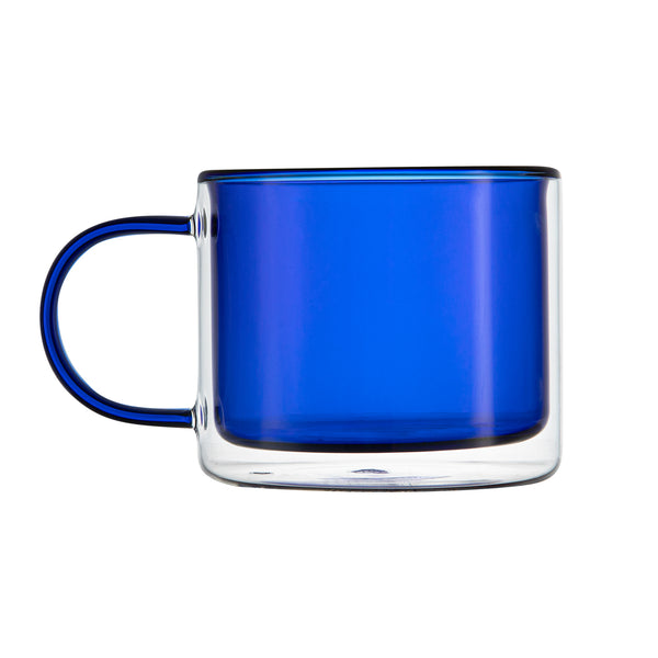 Restaurantware Forma Professional 11 Oz Blue Glass Coffee Mug - Double Wall Borosilicate With Handle - 3 1/2" X 3 1/2" X 3" - 12 Count Box