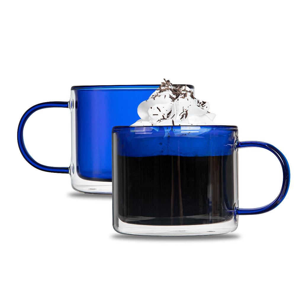 restaurantware Forma Professional 11 oz Blue Glass Coffee Mug - Double Wall Borosilicate with Handle - 3 1/2" x 3 1/2" x 3" - 12 count box