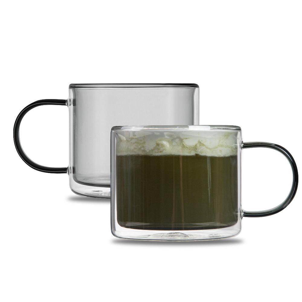 restaurantware Forma Professional 11 oz Gray Glass Coffee Mug - Double Wall Borosilicate with Handle - 3 1/2" x 3 1/2" x 3" - 12 count box