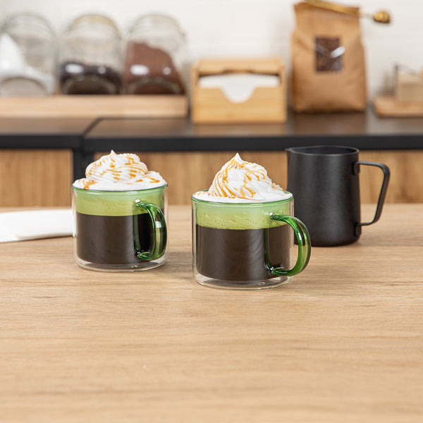 Restaurantware Forma Professional 11 Oz Green Glass Coffee Mug - Double Wall Borosilicate With Handle - 3 1/2" X 3 1/2" X 3" - 12 Count Box