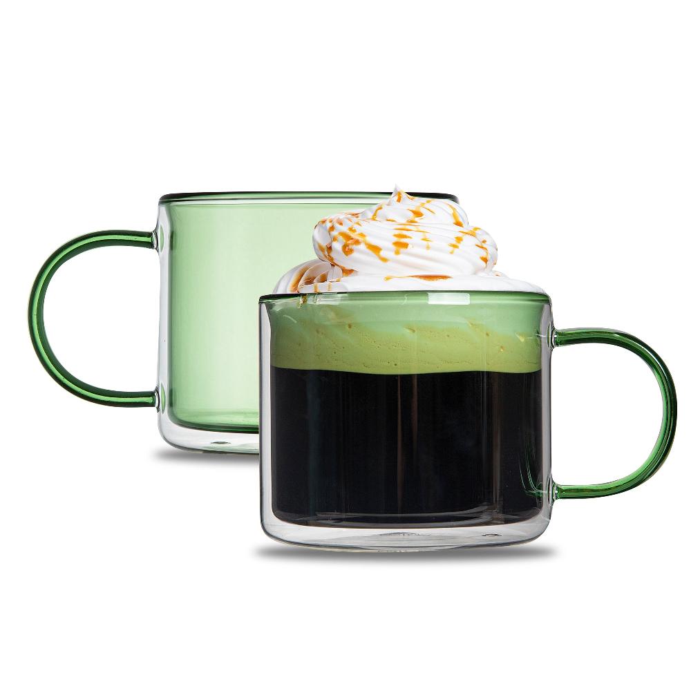 restaurantware Forma Professional 11 oz Green Glass Coffee Mug - Double Wall Borosilicate with Handle - 3 1/2" x 3 1/2" x 3" - 12 count box