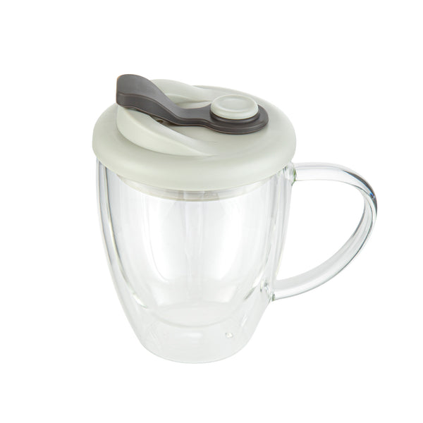 Restaurantware Forma Professional 12 Oz Glass Travel Mug - Double Wall Borosilicate With Handle And Gray Lid - 10 Count Box