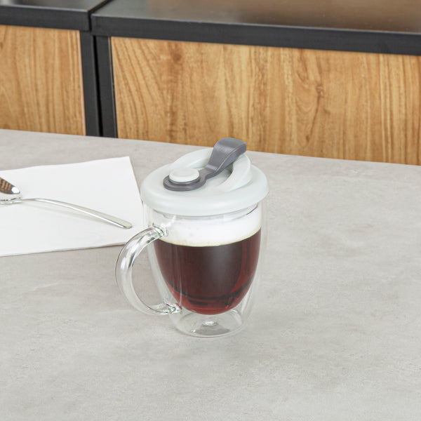 Restaurantware Forma Professional 12 Oz Glass Travel Mug - Double Wall Borosilicate With Handle And Gray Lid - 10 Count Box