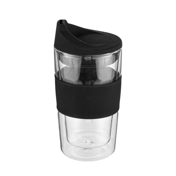 Restaurantware Forma Professional 12 Oz Glass Travel Mug - Double Wall Borosilicate With Black Lid And Sleeve - 10 Count Box