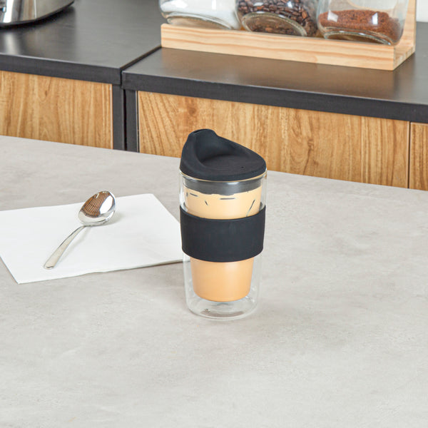 Restaurantware Forma Professional 12 Oz Glass Travel Mug - Double Wall Borosilicate With Black Lid And Sleeve - 10 Count Box