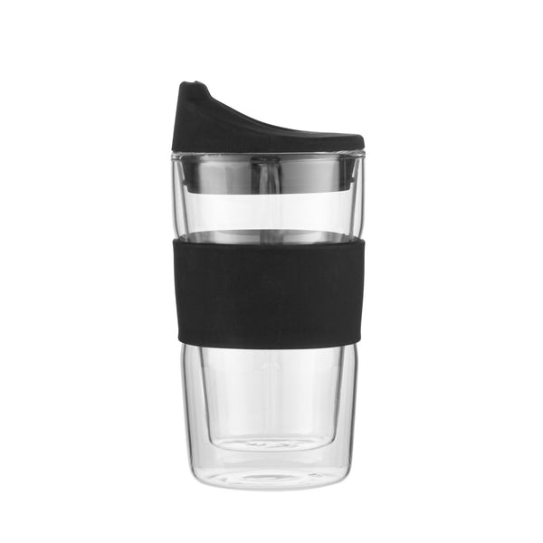 Restaurantware Forma Professional 12 Oz Glass Travel Mug - Double Wall Borosilicate With Black Lid And Sleeve - 10 Count Box