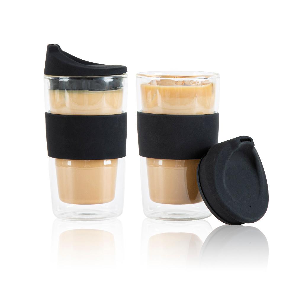restaurantware Forma Professional 12 oz Glass Travel Mug - Double Wall Borosilicate with Black Lid and Sleeve - 10 count box