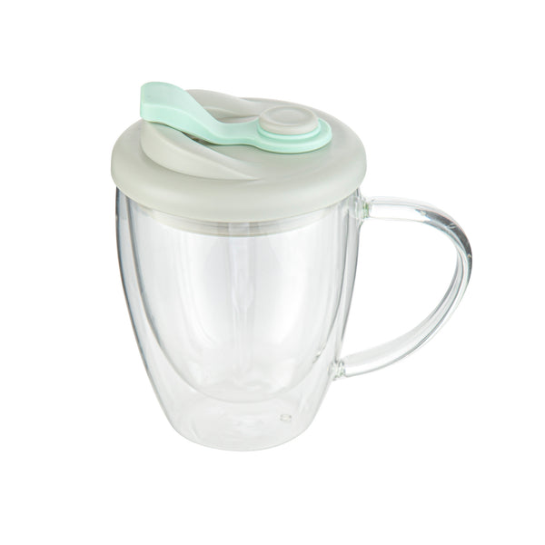 Restaurantware Forma Professional 12 Oz Glass Travel Mug - Double Wall Borosilicate With Handle And Gray And Green Lid - 10 Count Box
