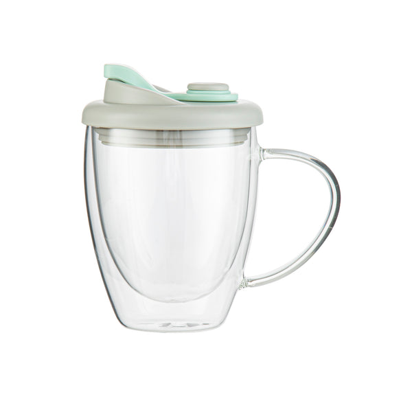 Restaurantware Forma Professional 12 Oz Glass Travel Mug - Double Wall Borosilicate With Handle And Gray And Green Lid - 10 Count Box
