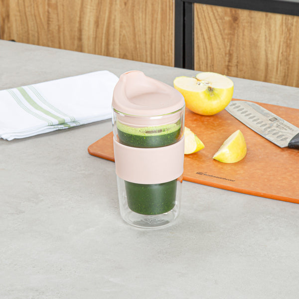 Restaurantware Forma Professional 12 Oz Glass Travel Mug - Double Wall Borosilicate With Tan Lid And Sleeve - 10 Count Box