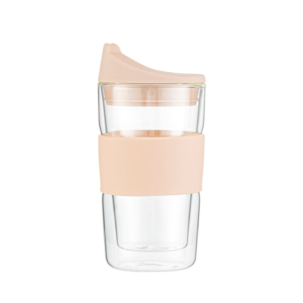 Restaurantware Forma Professional 12 Oz Glass Travel Mug - Double Wall Borosilicate With Tan Lid And Sleeve - 10 Count Box