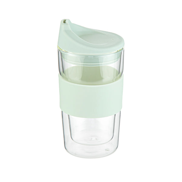 Restaurantware Forma Professional 12 Oz Glass Travel Mug - Double Wall Borosilicate With Mint Green Lid And Sleeve - 10 Count Box