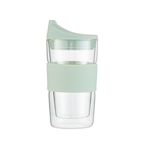 Restaurantware Forma Professional 12 Oz Glass Travel Mug - Double Wall Borosilicate With Mint Green Lid And Sleeve - 10 Count Box