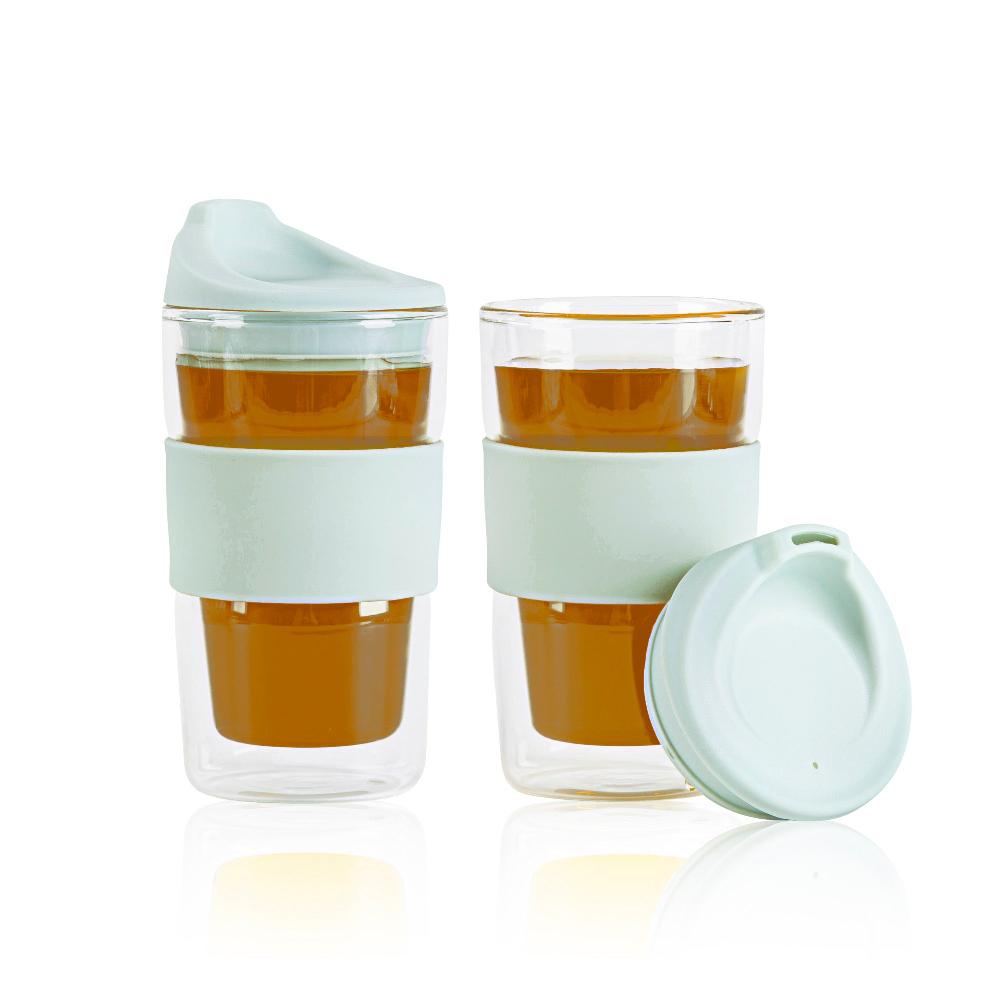 restaurantware Forma Professional 12 oz Glass Travel Mug - Double Wall Borosilicate with Mint Green Lid and Sleeve - 10 count box