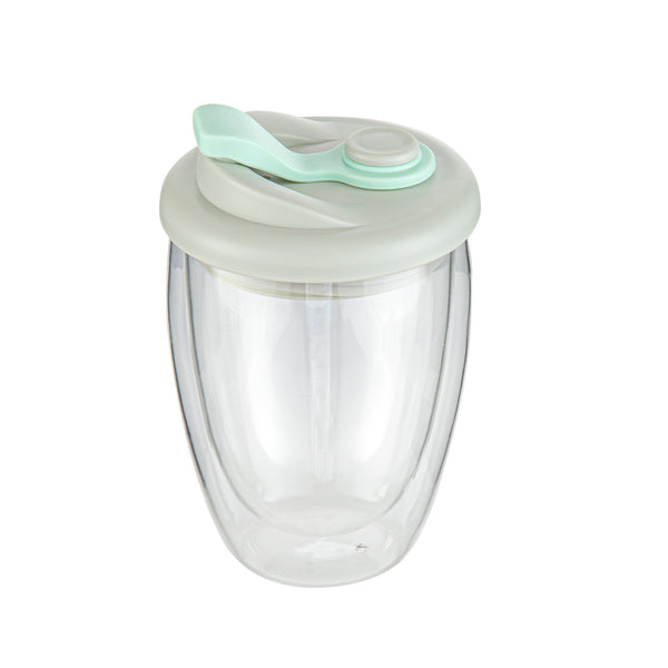 Restaurantware Forma Professional 12 Oz Glass Travel Mug - Double Wall Borosilicate With Gray And Green Lid - 10 Count Box