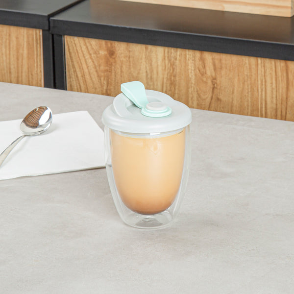 Restaurantware Forma Professional 12 Oz Glass Travel Mug - Double Wall Borosilicate With Gray And Green Lid - 10 Count Box