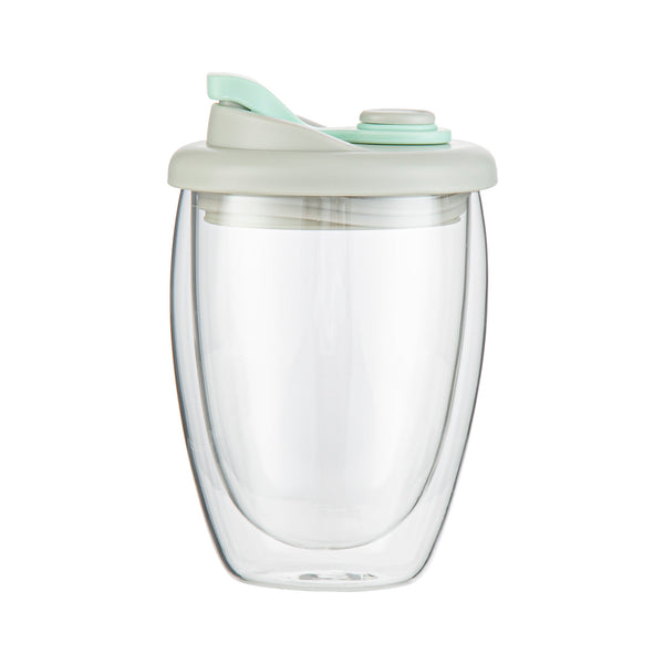 Restaurantware Forma Professional 12 Oz Glass Travel Mug - Double Wall Borosilicate With Gray And Green Lid - 10 Count Box
