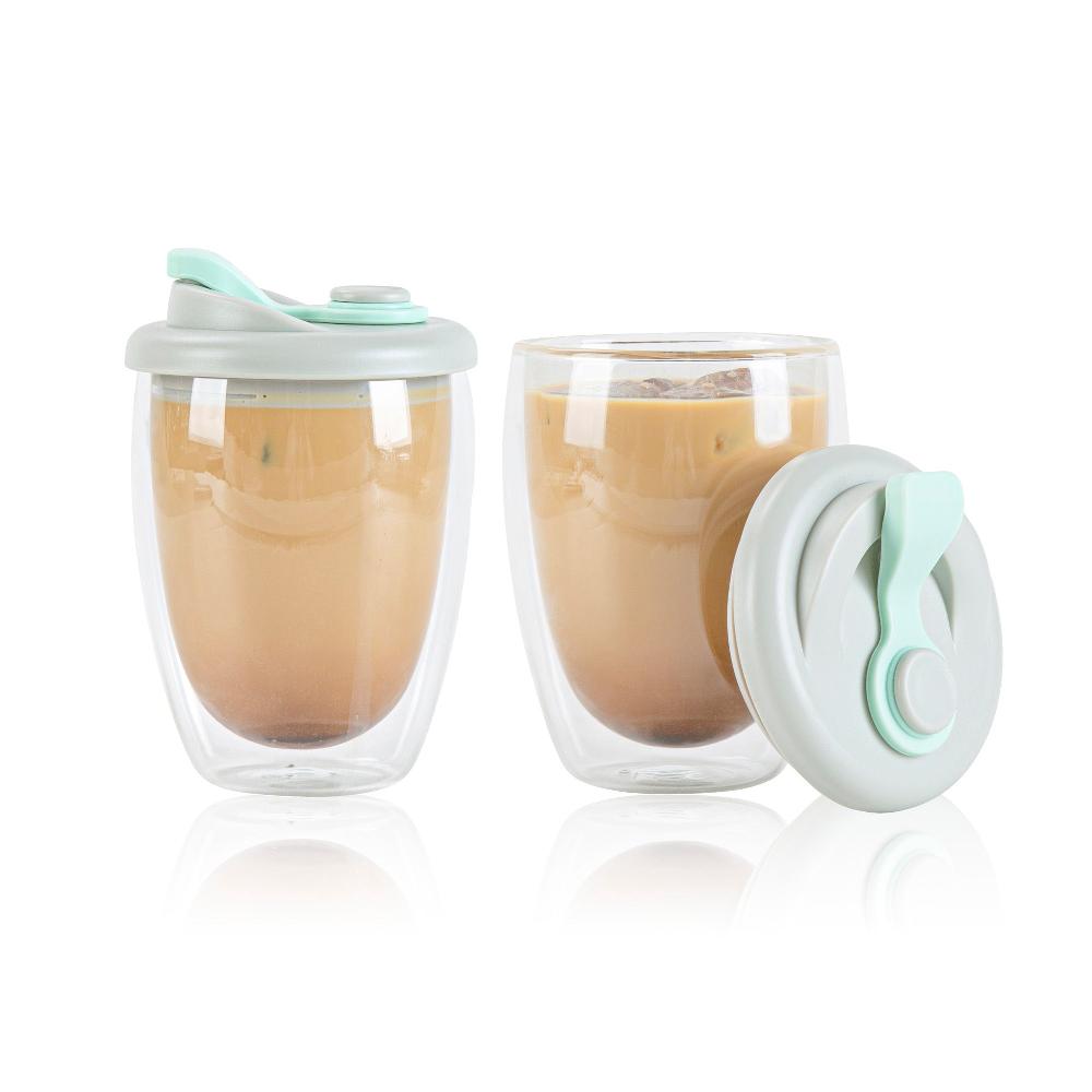 restaurantware Forma Professional 12 oz Glass Travel Mug - Double Wall Borosilicate with Gray and Green Lid - 10 count box