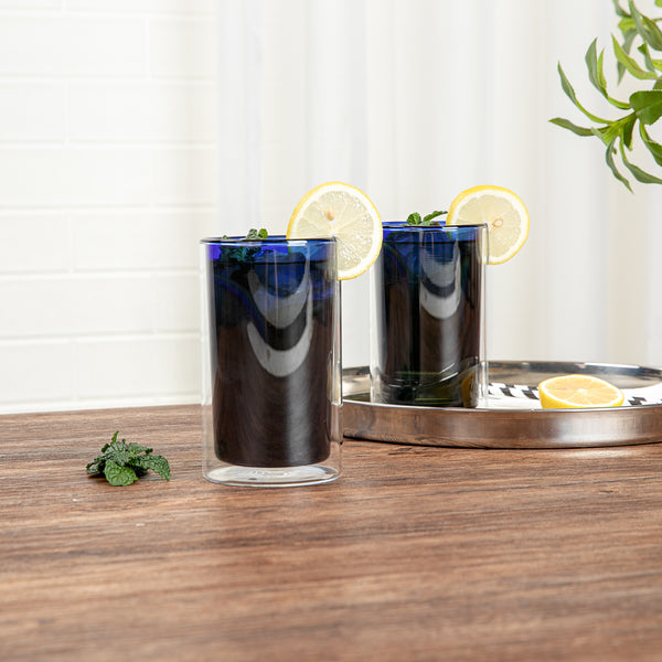 Restaurantware Forma Professional 14 Oz Blue Glass Tumbler - Double Wall Borosilicate - 3 1/4" X 3 1/4" X 5 1/4" - 12 Count Box