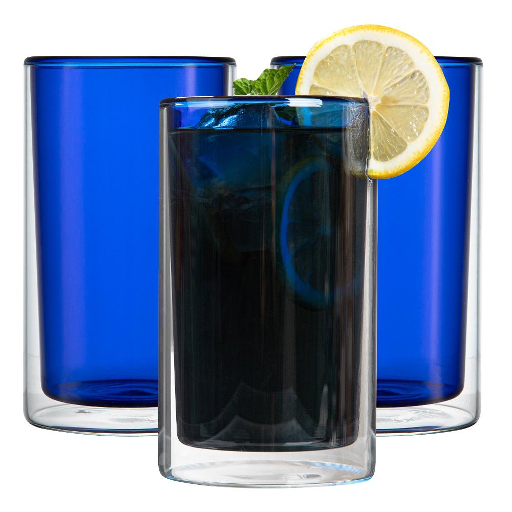restaurantware Forma Professional 14 oz Blue Glass Tumbler - Double Wall Borosilicate - 3 1/4" x 3 1/4" x 5 1/4" - 12 count box