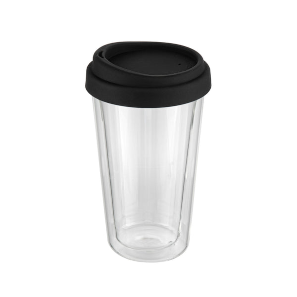Restaurantware Forma Professional 14 Oz Glass Travel Mug - Double Wall Borosilicate With Black Lid - 10 Count Box