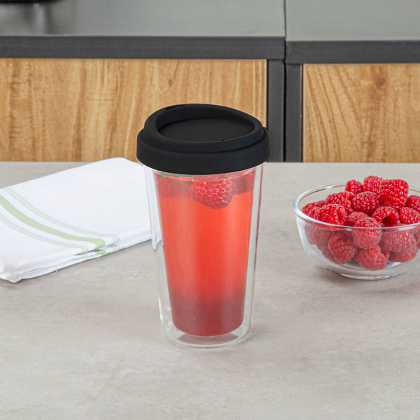 Restaurantware Forma Professional 14 Oz Glass Travel Mug - Double Wall Borosilicate With Black Lid - 10 Count Box