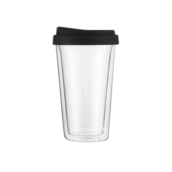 Restaurantware Forma Professional 14 Oz Glass Travel Mug - Double Wall Borosilicate With Black Lid - 10 Count Box