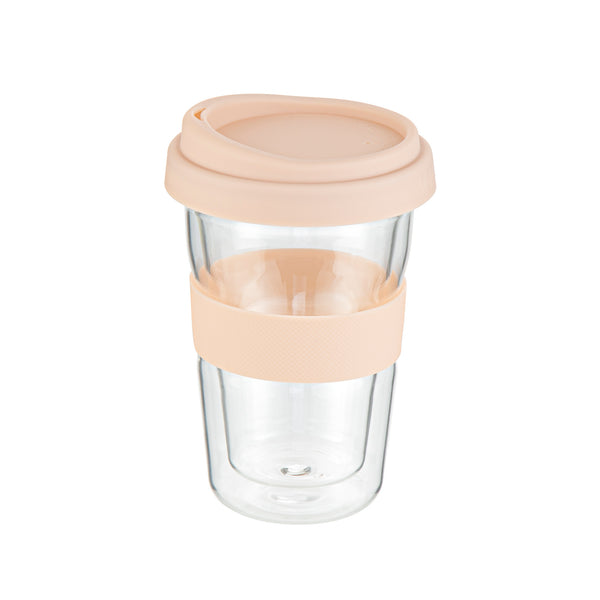 Restaurantware Forma Professional 14 Oz Glass Travel Mug - Double Wall Borosilicate With Tan Lid And Sleeve - 10 Count Box