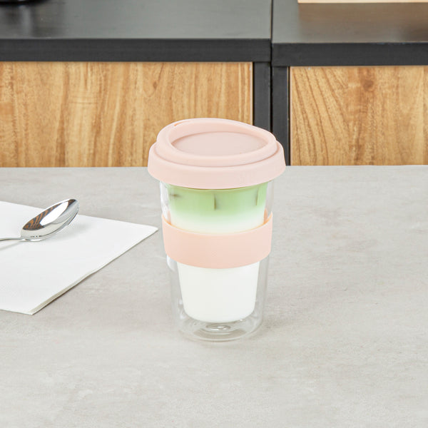 Restaurantware Forma Professional 14 Oz Glass Travel Mug - Double Wall Borosilicate With Tan Lid And Sleeve - 10 Count Box