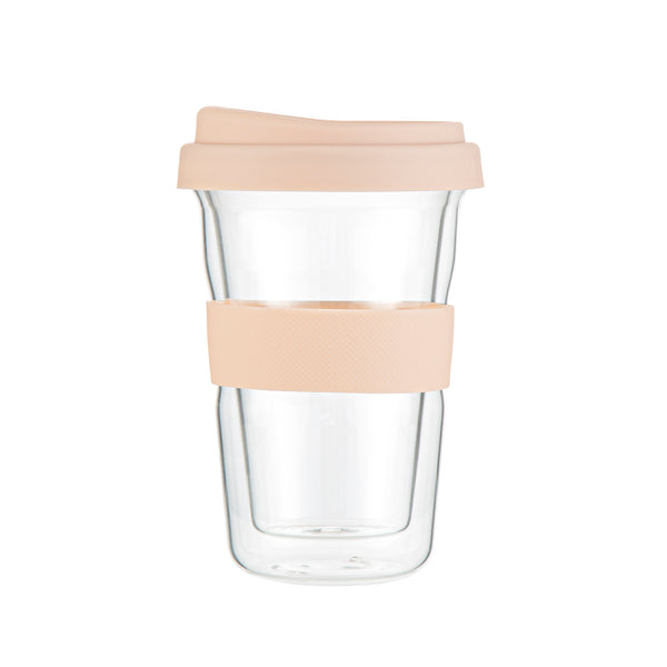 Restaurantware Forma Professional 14 Oz Glass Travel Mug - Double Wall Borosilicate With Tan Lid And Sleeve - 10 Count Box