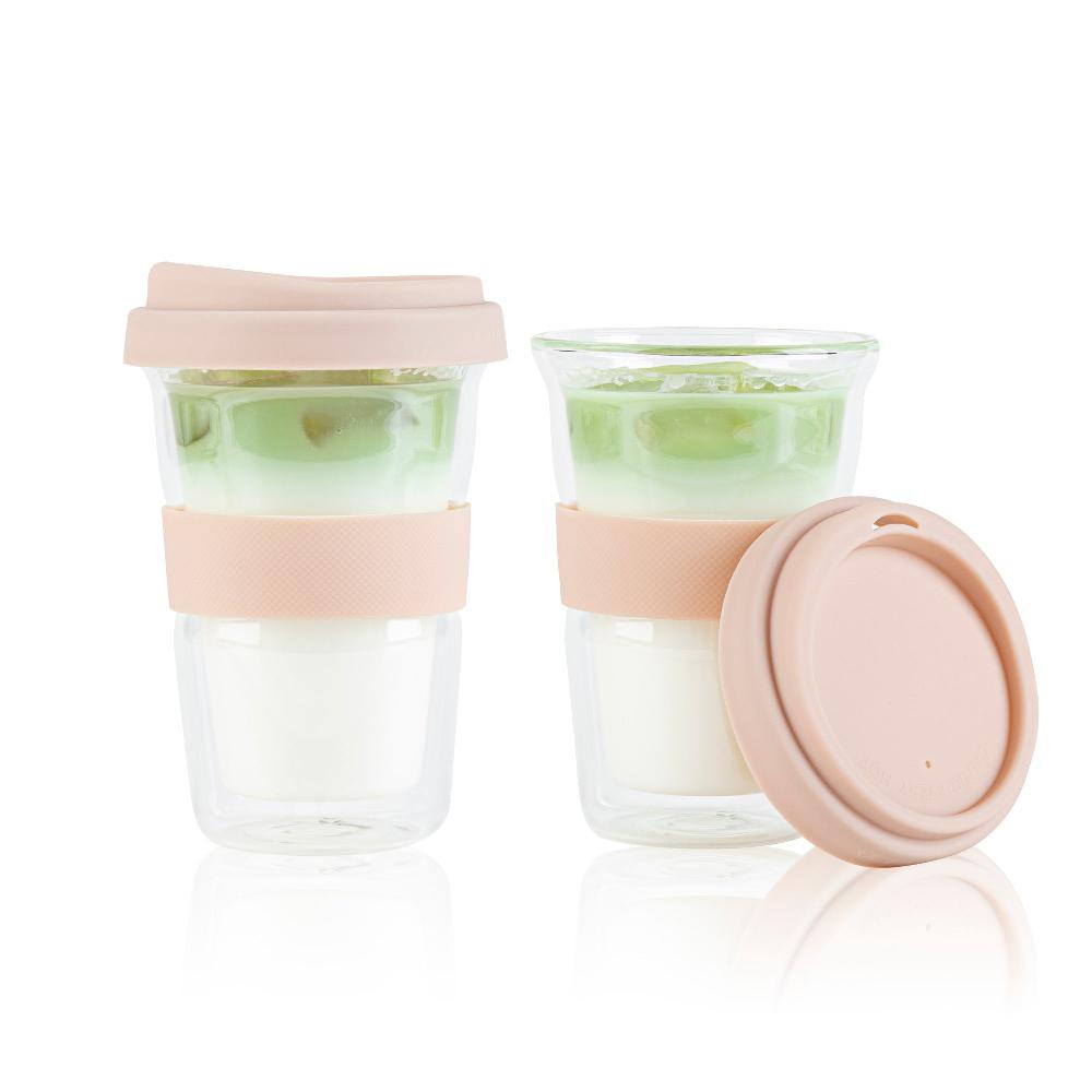 restaurantware Forma Professional 14 oz Glass Travel Mug - Double Wall Borosilicate with Tan Lid and Sleeve - 10 count box