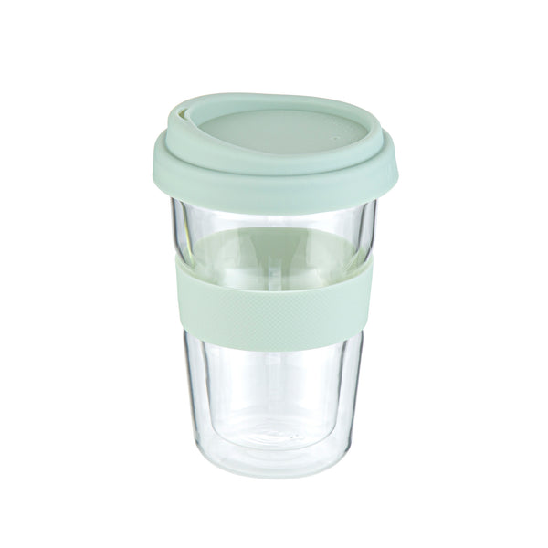 Restaurantware Forma Professional 14 Oz Glass Travel Mug - Double Wall Borosilicate With Mint Green Lid And Sleeve - 10 Count Box