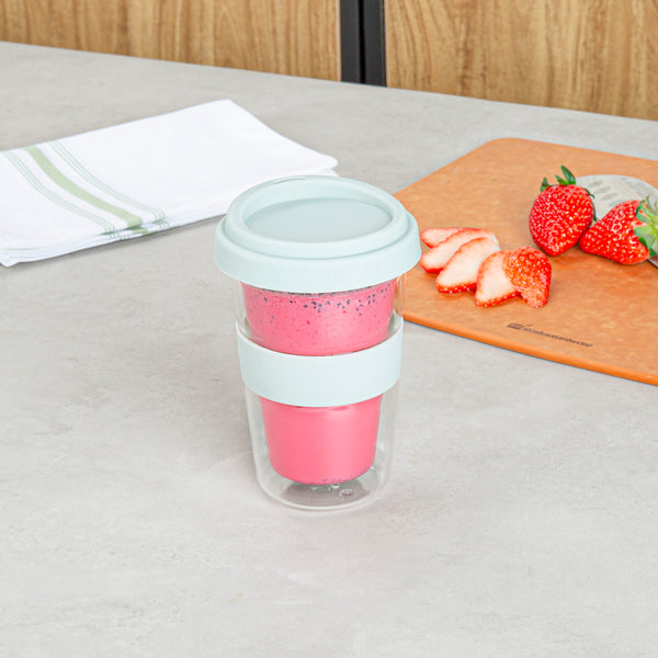 Restaurantware Forma Professional 14 Oz Glass Travel Mug - Double Wall Borosilicate With Mint Green Lid And Sleeve - 10 Count Box