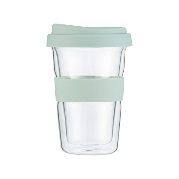 Restaurantware Forma Professional 14 Oz Glass Travel Mug - Double Wall Borosilicate With Mint Green Lid And Sleeve - 10 Count Box