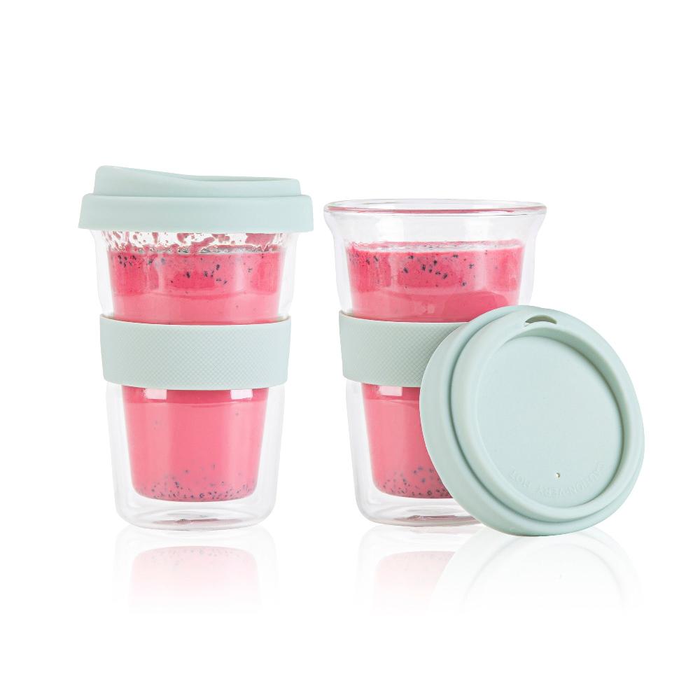 restaurantware Forma Professional 14 oz Glass Travel Mug - Double Wall Borosilicate with Mint Green Lid and Sleeve - 10 count box