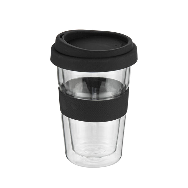 Restaurantware Forma Professional 14 Oz Glass Travel Mug - Double Wall Borosilicate With Black Lid And Sleeve - 10 Count Box