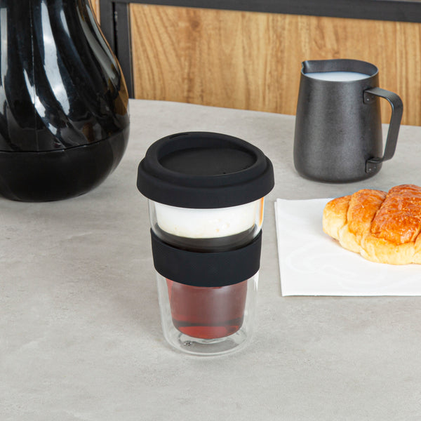 Restaurantware Forma Professional 14 Oz Glass Travel Mug - Double Wall Borosilicate With Black Lid And Sleeve - 10 Count Box