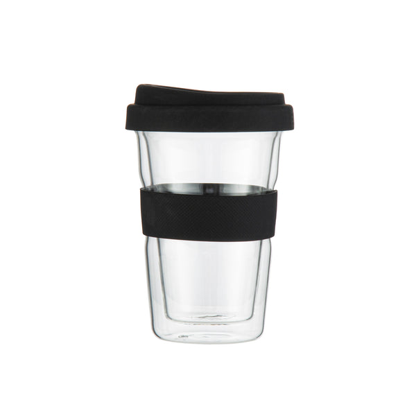 Restaurantware Forma Professional 14 Oz Glass Travel Mug - Double Wall Borosilicate With Black Lid And Sleeve - 10 Count Box