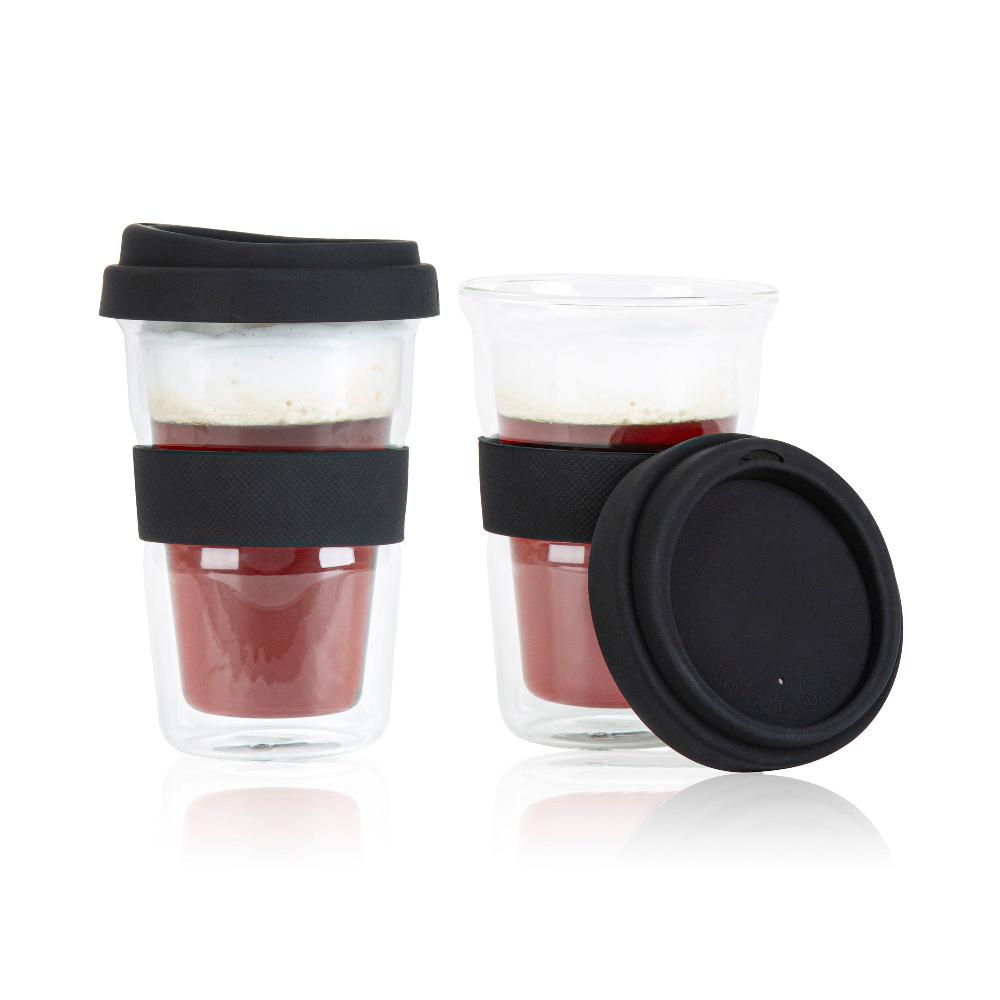 restaurantware Forma Professional 14 oz Glass Travel Mug - Double Wall Borosilicate with Black Lid and Sleeve - 10 count box