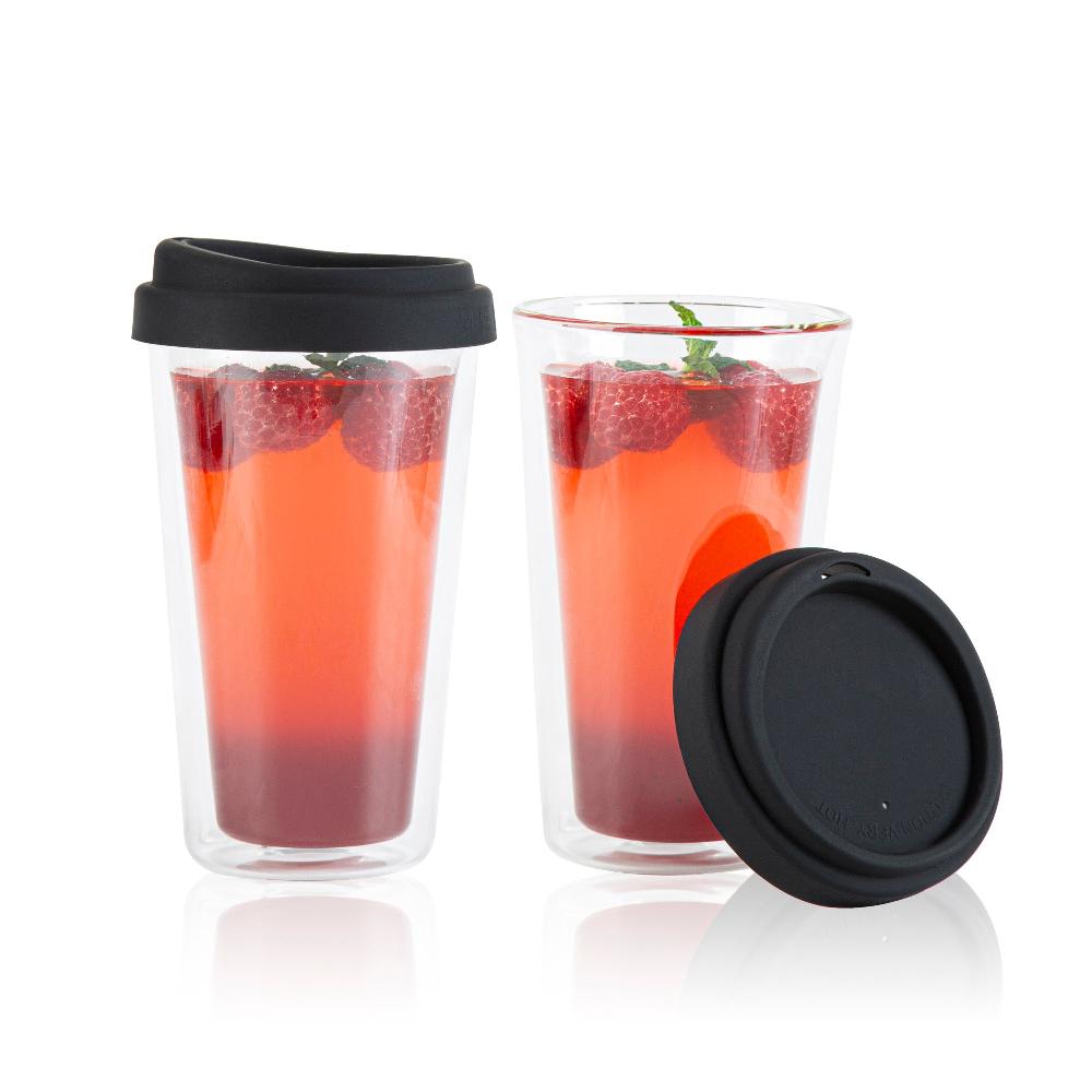 restaurantware Forma Professional 14 oz Glass Travel Mug - Double Wall Borosilicate with Black Lid - 10 count box