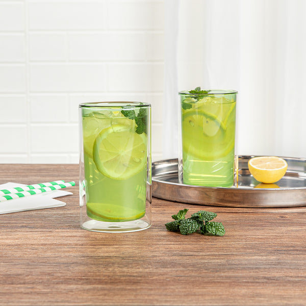 Restaurantware Forma Professional 14 Oz Green Glass Tumbler - Double Wall Borosilicate - 3 1/4" X 3 1/4" X 5 1/4" - 12 Count Box