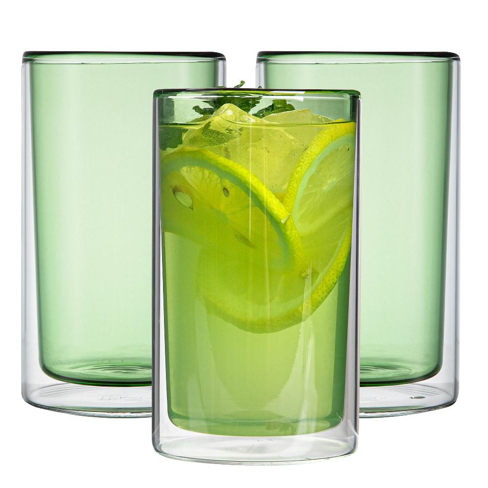 restaurantware Forma Professional 14 oz Green Glass Tumbler - Double Wall Borosilicate - 3 1/4" x 3 1/4" x 5 1/4" - 12 count box
