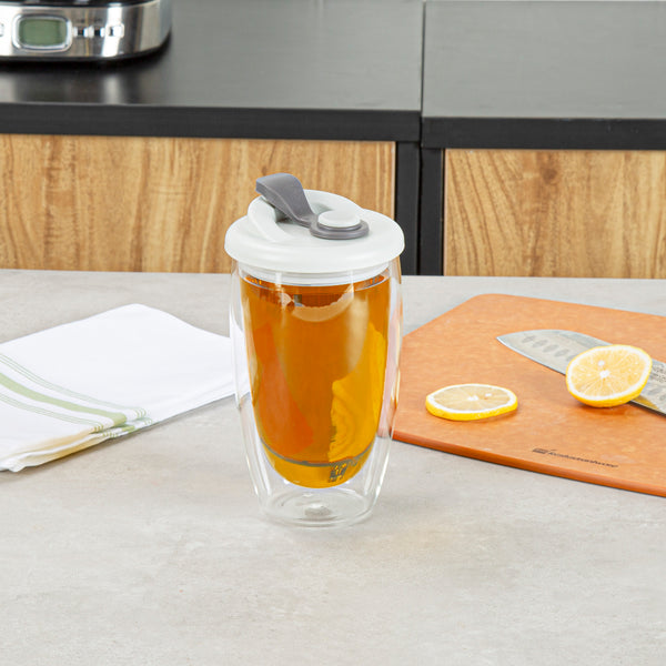 Restaurantware Forma Professional 15 Oz Glass Travel Mug - Double Wall Borosilicate With Gray Lid - 10 Count Box